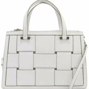 Alfani Women's Woven Work Satchel Zipper Pocket PU Faux Leather Handbag - White